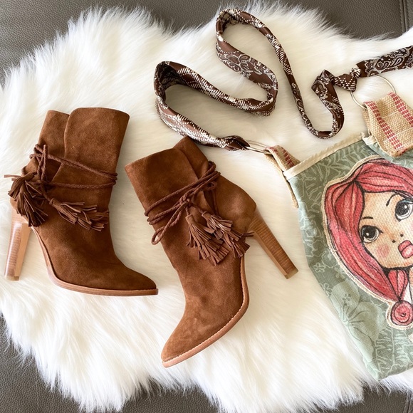 new Joie ❦ Chap Suede Braided Wrap ❦ Heeled Ankle Booties ❦ Chestnut Suede 9.5M - Picture 12 of 14